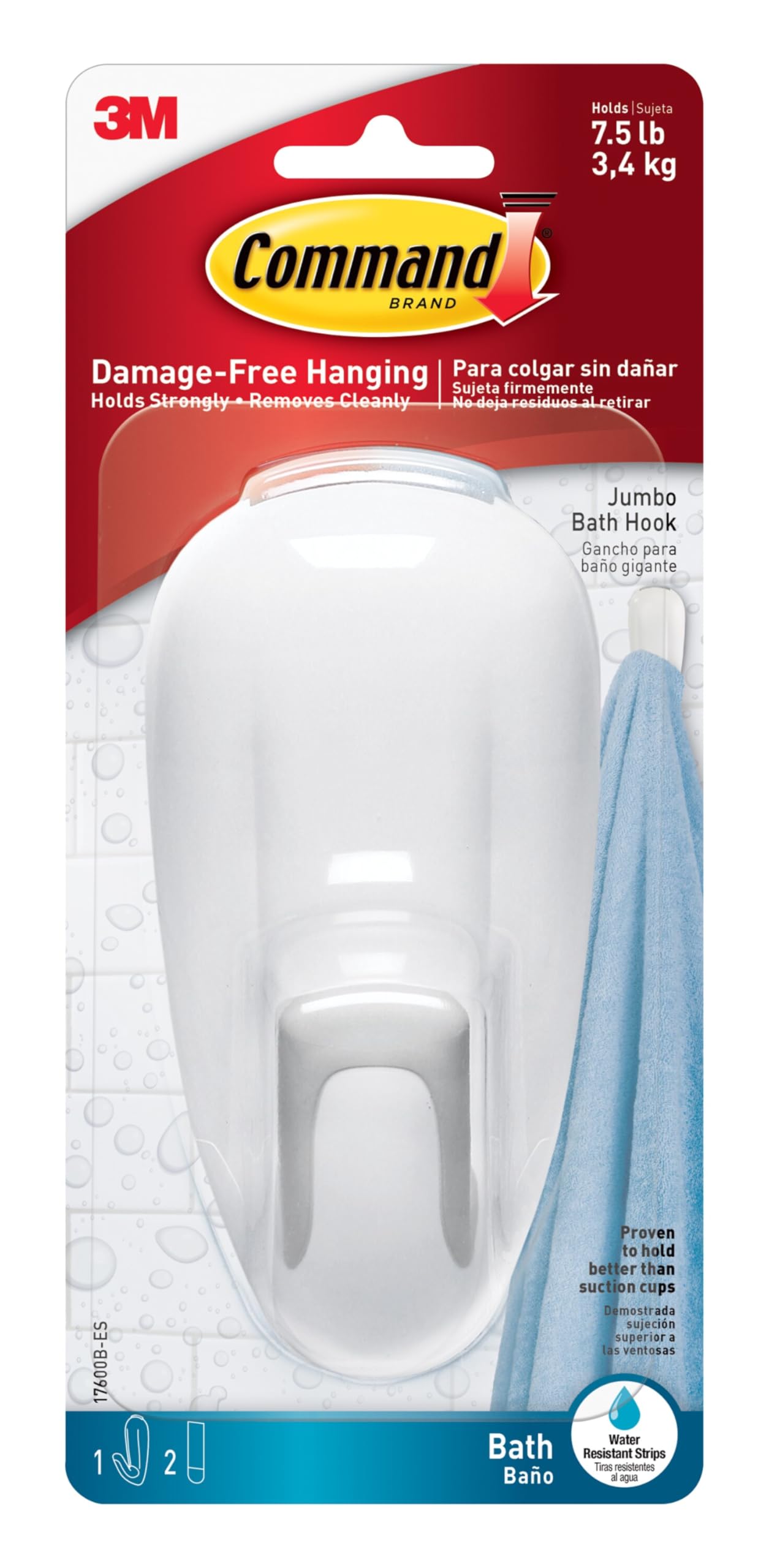 Photo 1 of Command Bathroom Wall Hook with Water-Resistant Adhesive Strips, Bathroom Organizer for Hanging Bath Towels and Loofahs, 1 Shower Hook with 2 Command Strips