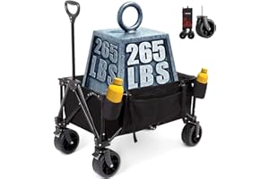 AKSOUL Foldable Wagon Cart with Wheels: Heavy Duty Removable Utility Big Wheel - Collapsible Large Folding Pull Cart 265lbs Weight Capacity for All Terrain Outdoor Camping Beach