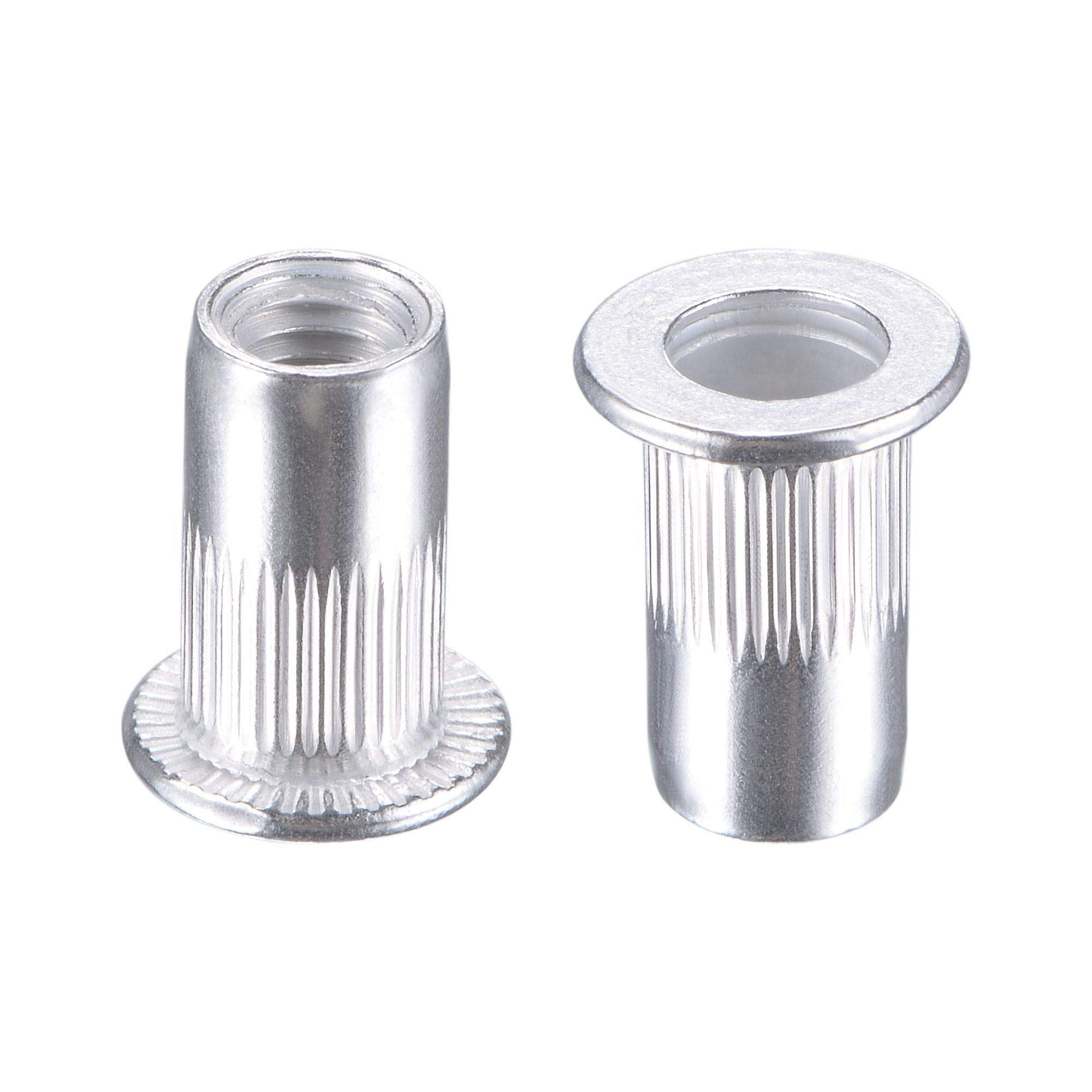 sourcing map M5 Rivet Nuts Aluminium Alloy Knurled Flat Head Threaded Insert Nut Silver 100pcs