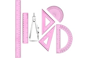 Zonon 1 Set Plastic Geometry Math Set Includes Drawing Compass, 6 Inch 4 Inch Protractor, 45/60 Degree Triangle Rulers 12 Inch 6 Inch Math Ruler Transparent for Office Supplies (Pink)
