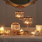 Metal 3 Arm Crystal Candle Holder - Tea Light Centerpiece Candle Holder, Votive Holder with Sparkling Crystal Bowl, Suitable for Wedding, Table Centerpiece, Home Decor (1, 3 arm-Gold)