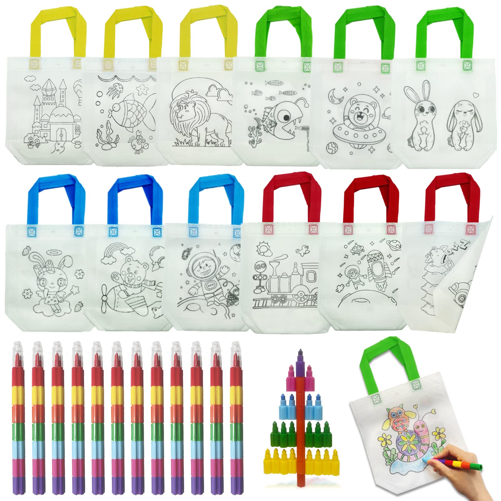ICEPAPA, 12 DIY graffiti bags for kids and 12 Stacking Crayons(7 Colours in 1), Colouring Sets, Ideal Reusable Party Bags for Kids and Party Favours