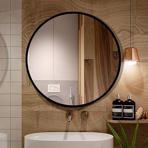 Grand miroir rond mural, Miroir mural à cadre en métal noir pour salle