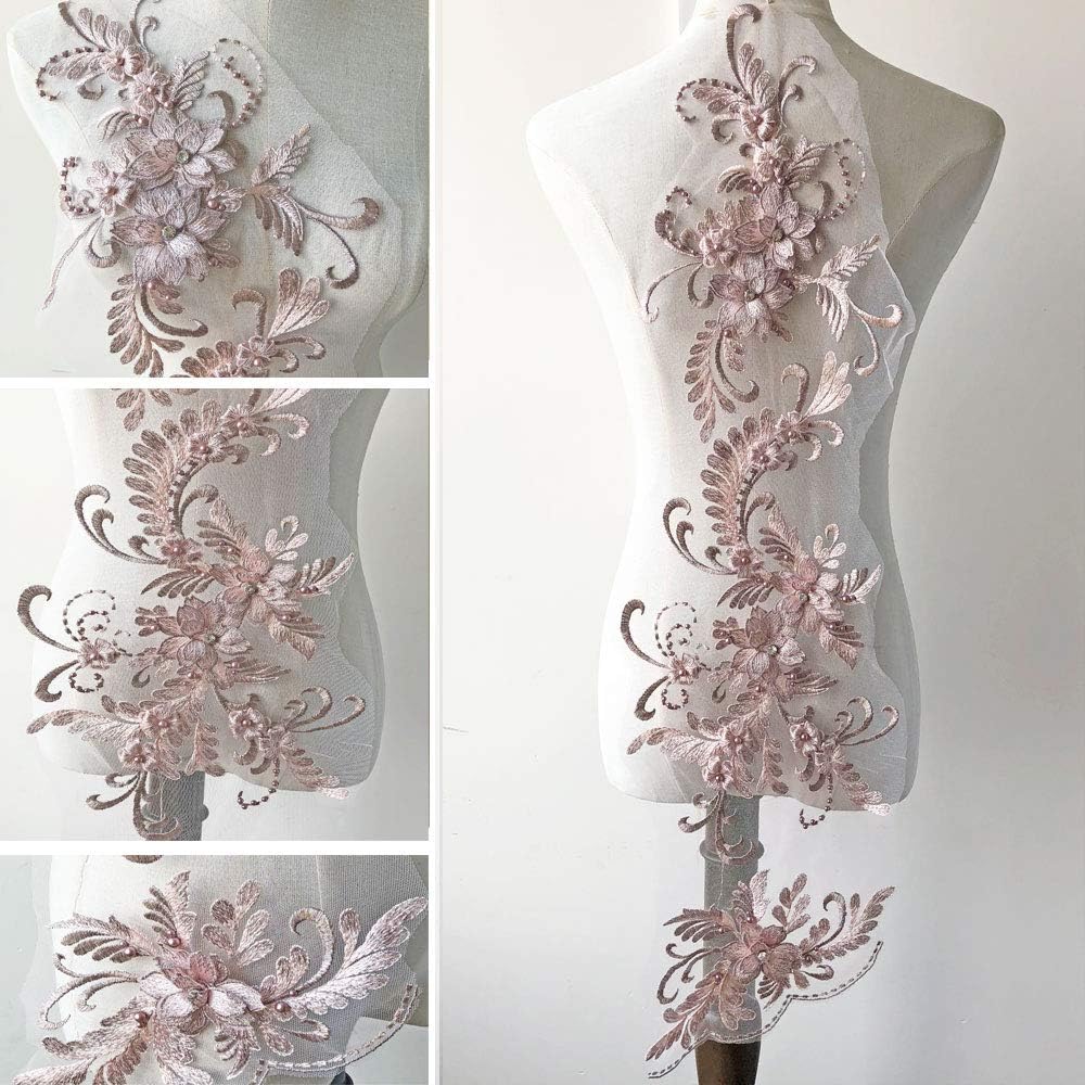 3D Beaded Flower Embroidery Lace Patch Applique Crystal Sewing Lace Motif for Dance Costumes Ballgown (Pale Pink)