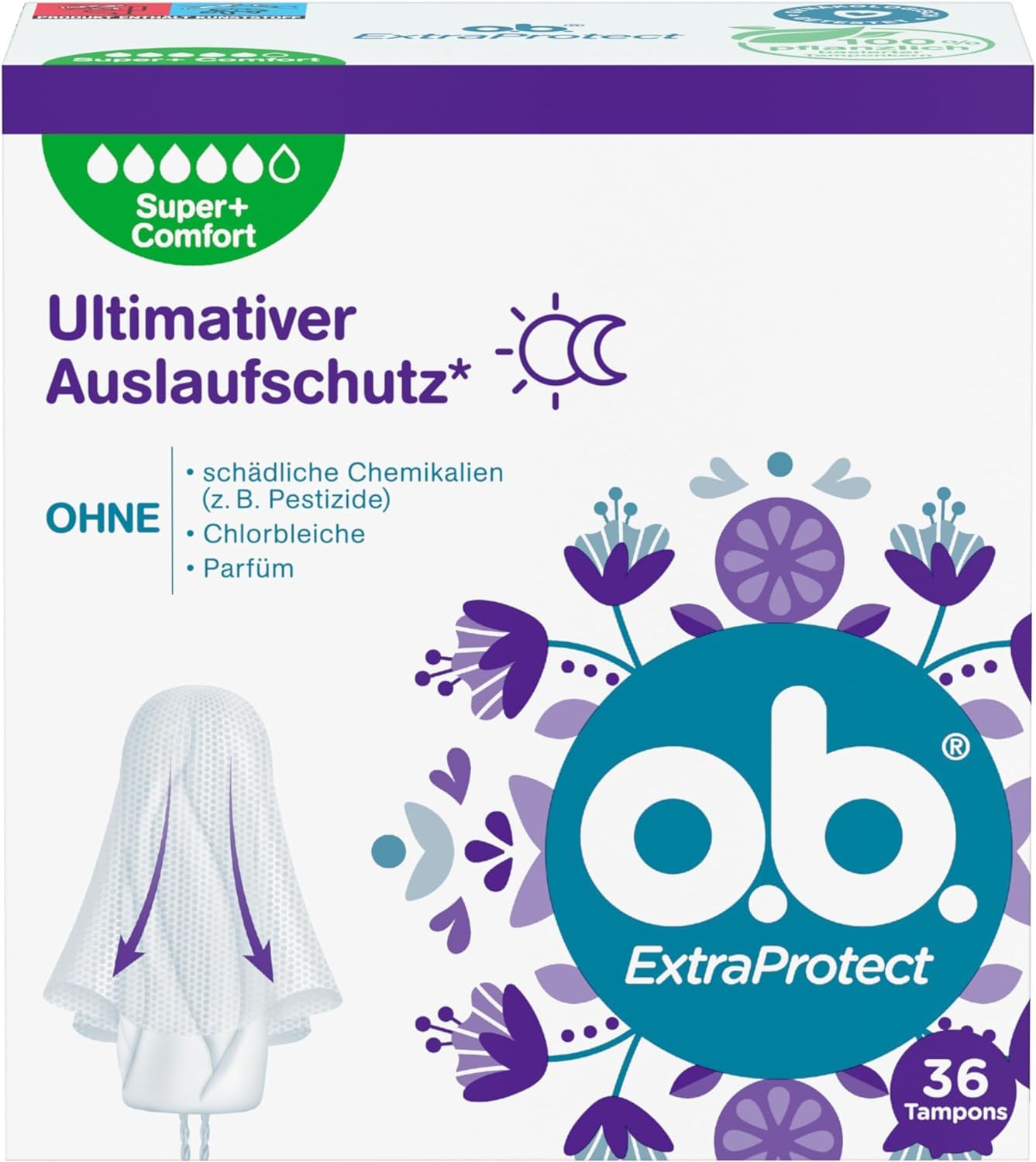 o.b. ExtraProtect Super + Comfort (Pack of 36), Tampons for Very Strong Days, Dynamic Fit Technology & Extra Protective Wings for up to 100% Leakage Protection During the Period
