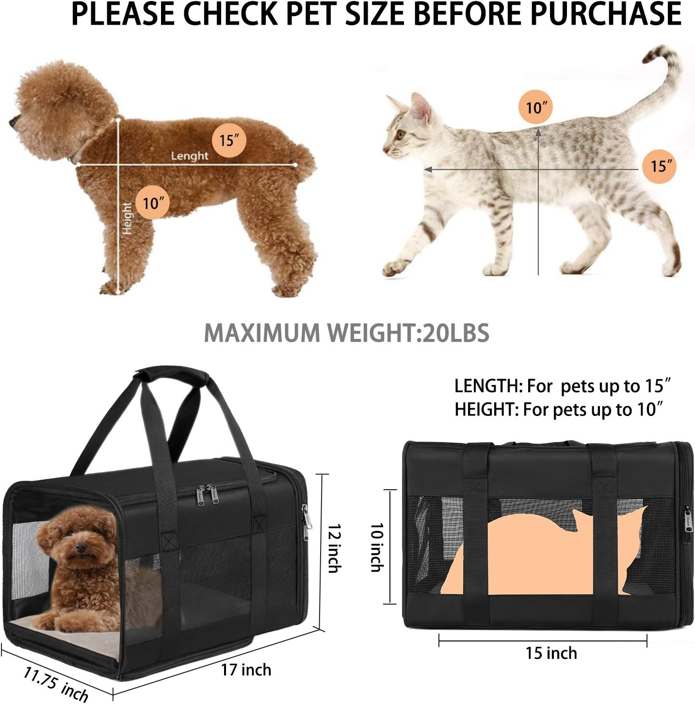 Mancro Pet Carrier Airline Approved, Soft-Sided Pet Travel Bag for Cats with Mesh Windows and Fleece Padding, Collapsible Dog Carrying Case Fit Under Airplane Seat for Kittens, Puppies and Small Dogs : Pet Supplies