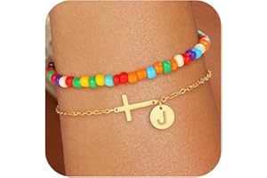 Decholly Colorful Initial Bracelets for Women Girls - Layered Cross Bracelet Dainty Initial Bracelet Gold Bracelets for Women Teen Girl Gifts Trendy Stuff