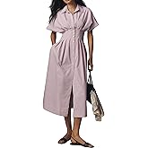Burtell Women Casual Striped Button Down Pleated Shirt Maxi Dress Summer Lapel V Neck Short Sleeve Empire Waist Long Dress