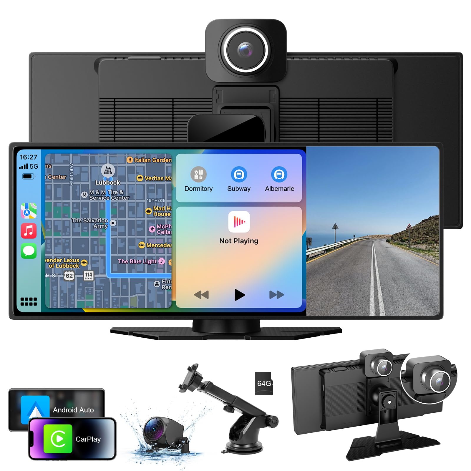 Photo 1 of 10.26" HD Wireless Android & Carplay Screen for Car, Portable Touchscreen Car Stereo with 4K Dash Cam, 1080P Backup Camera, Bluetooth, AUX/FM, Siri, Mirror Link, GPS Navigation