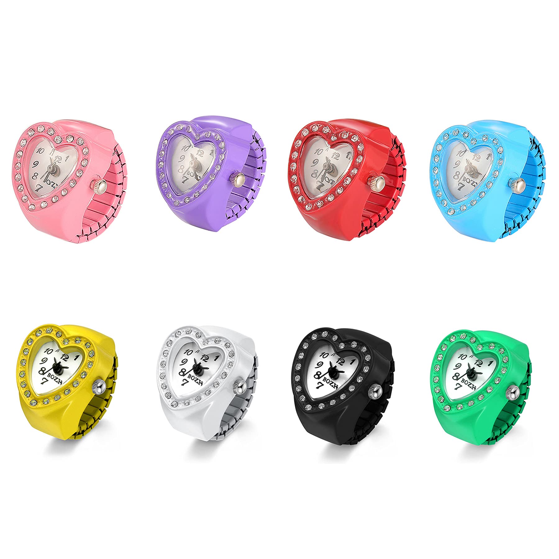 JewelryWe Men Women Finger Watch Heart Shape Rhinestone Quartz Analog Finger Ring Watches, Adjustable Size
