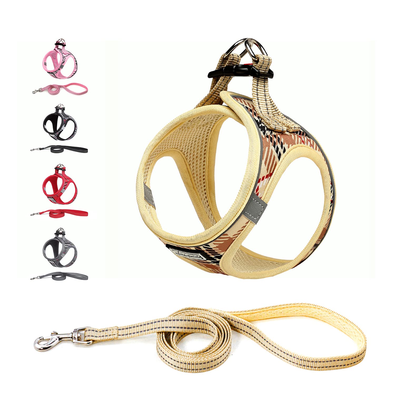 Suredoo Dog Harness and Lead Set, Step-in Breathable Reflective Puppy Cat Dog Vest Harnesses for Small Dogs (XS, Beige, Chest: 25-28cm)