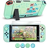 DLseego Protective Case Design for Switch Model, Newest Pattern Animal Crossing Design Cover Case with 2 Pcs Glass Screen Protectors and 4 Pcs Cute Thumb Grip Caps Green Accessories Set