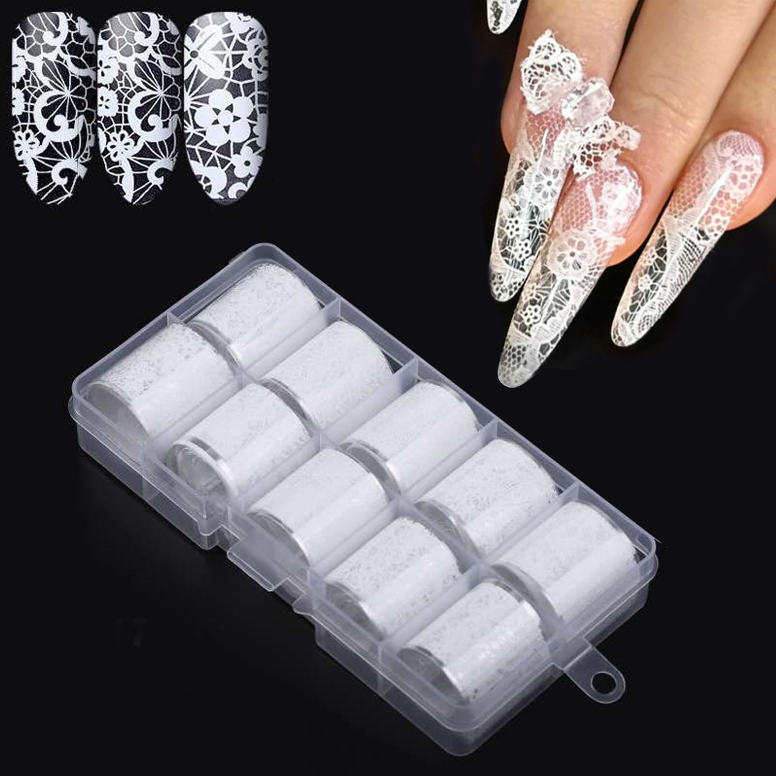 Photo 1 of DANNEASY 10 Rolls White Lace Nail Art Foil Transfer Sheets, Lace Nail Foil Decals Starry Sky Nail Foils Holographic Transfer Foils Stickers for Women Girls Manicure Tips Supplies