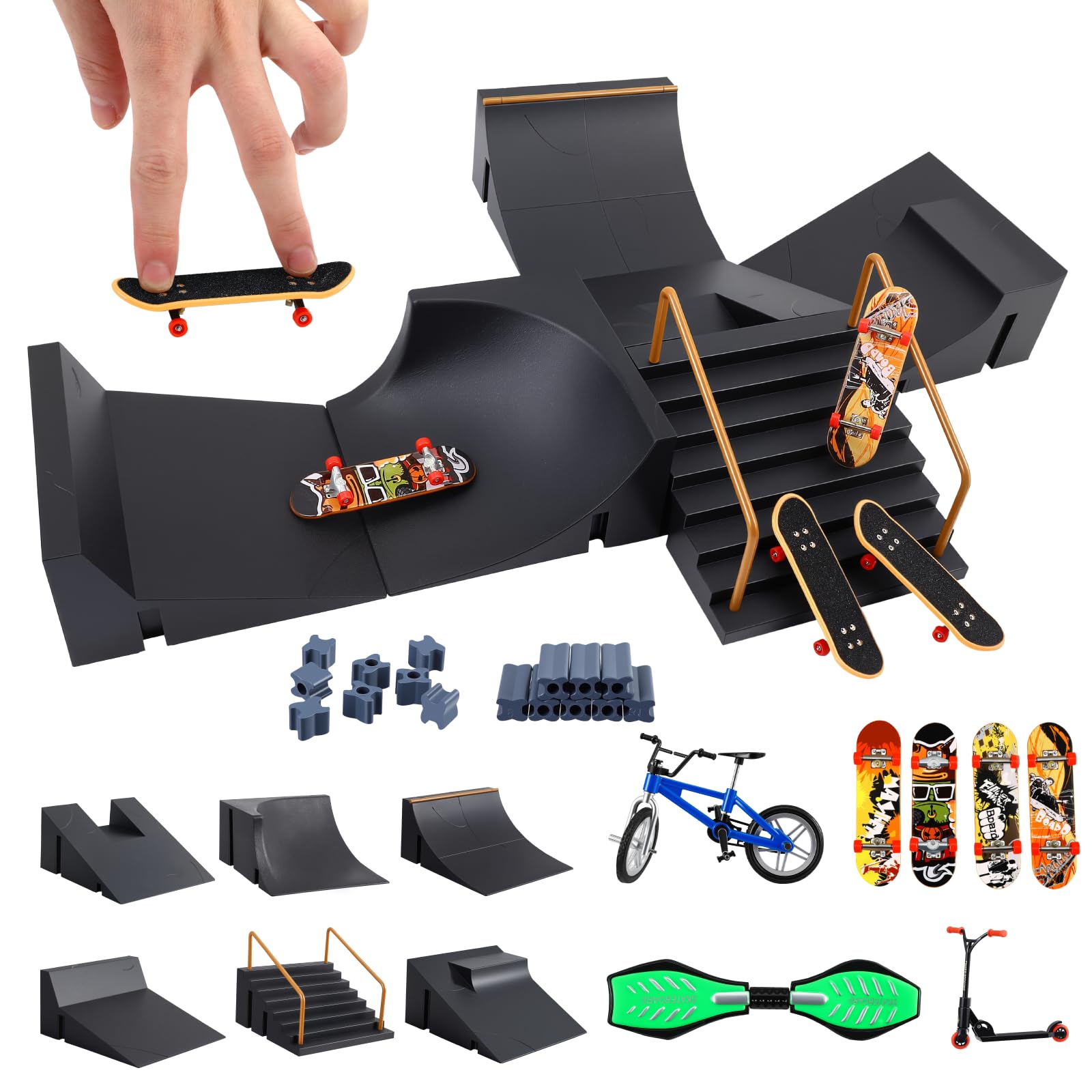 Pro Fingerboard Skate Park Set with Mini Fingerboard Ramps and Finger Scooter Stunt Bikes for Kids Desktop Play and Training Props, Portable Finger Skateboard Toys for Beginners and Advanced Users
