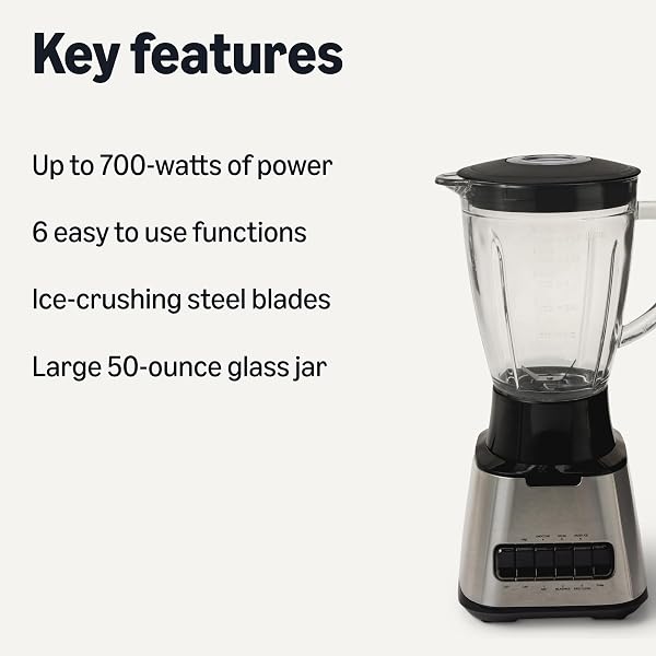 AMAZON BASICS POWERFUL 700W COUNTERTOP BLENDER WITH 6-CUP (50 FL. OZ) GLASS JAR, 6 PRE-PROGRAMMED FUNCTIONS, ICE CRUSH, STAINLESS STEEL BLADES, BLACK & SILVER