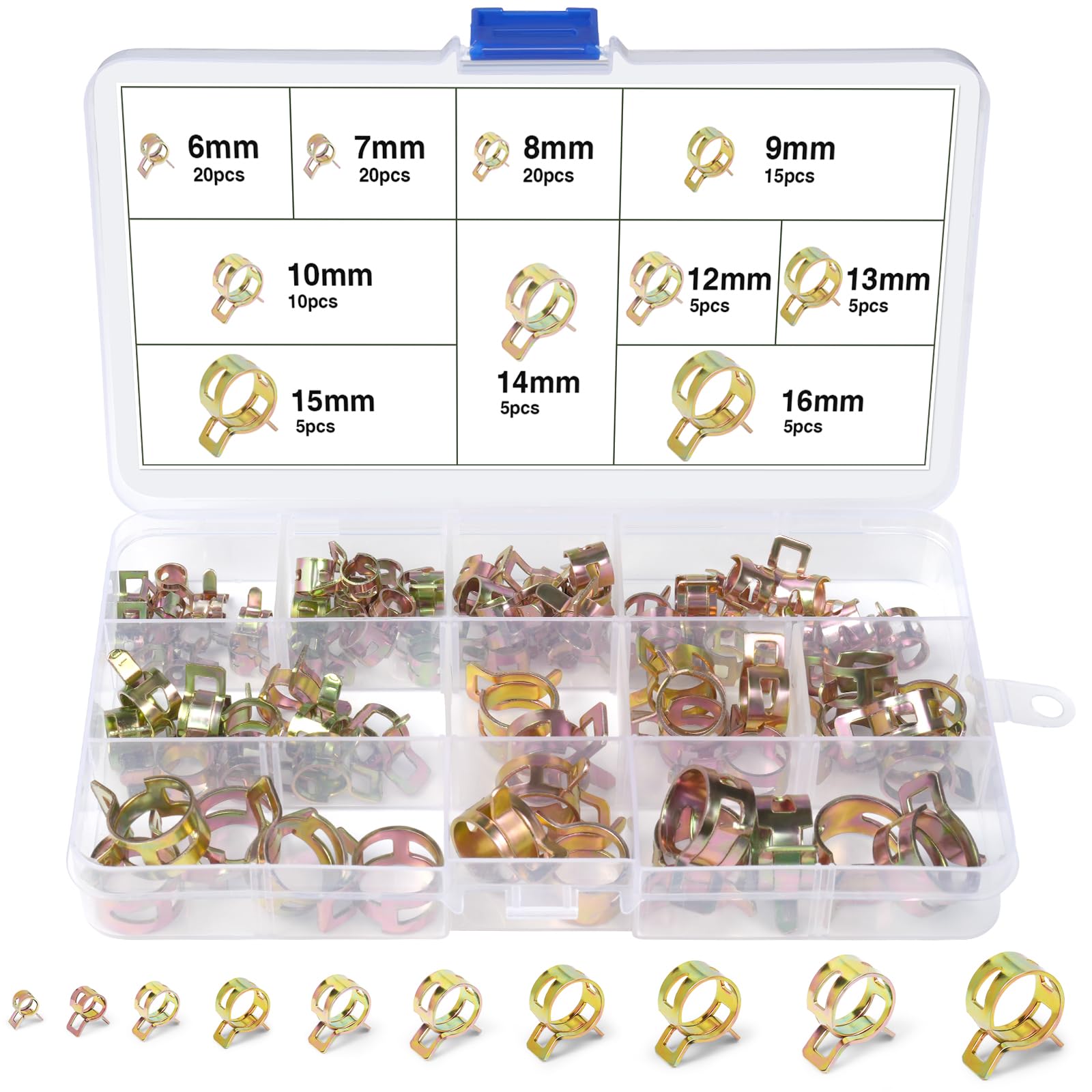 REJOECE 110 Pcs Spring Hose Clamps, 10 Size Metal Fuel Line Hose Clamps Clips, Fuel Line Water Pipe Air Drain Tube Silicone Vacuum Clamp Fastener Spring Clamps 6/7/8/9/10/12/13/14/15/16mm (Rose Gold)