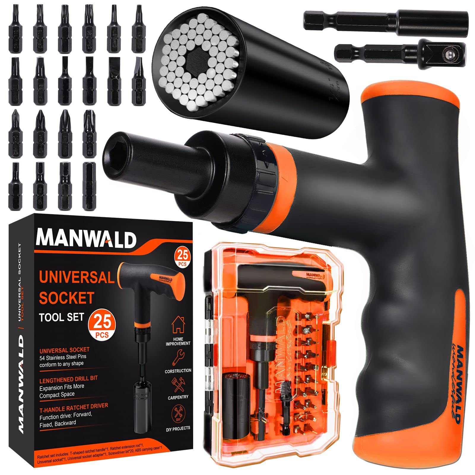 Photo 1 of MANWALD Universal Socket Tool Set, Ratcheting T-Handle Screwdriver Set with Power Drill Adapter, Valentines Day Gifts for Him Men Husband, Boyfriend Boyfriends, Orange, Black