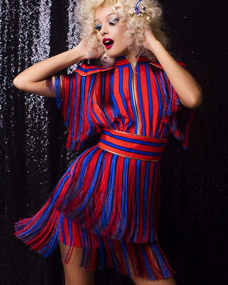 UONBOX Women's Short Sleeves Red and Blue Striped Tassel Fringe Celebrity Dress at  Women’s Clothing store
