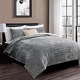 RECYCO Luxury Velvet Quilt Set Full Queen Size, Lightweight Velvet Comforter Set, Oversized Bedspread Coverlet Quilted Bedding Set, with 2 Matching Pillow Shams, for All Season, Gray