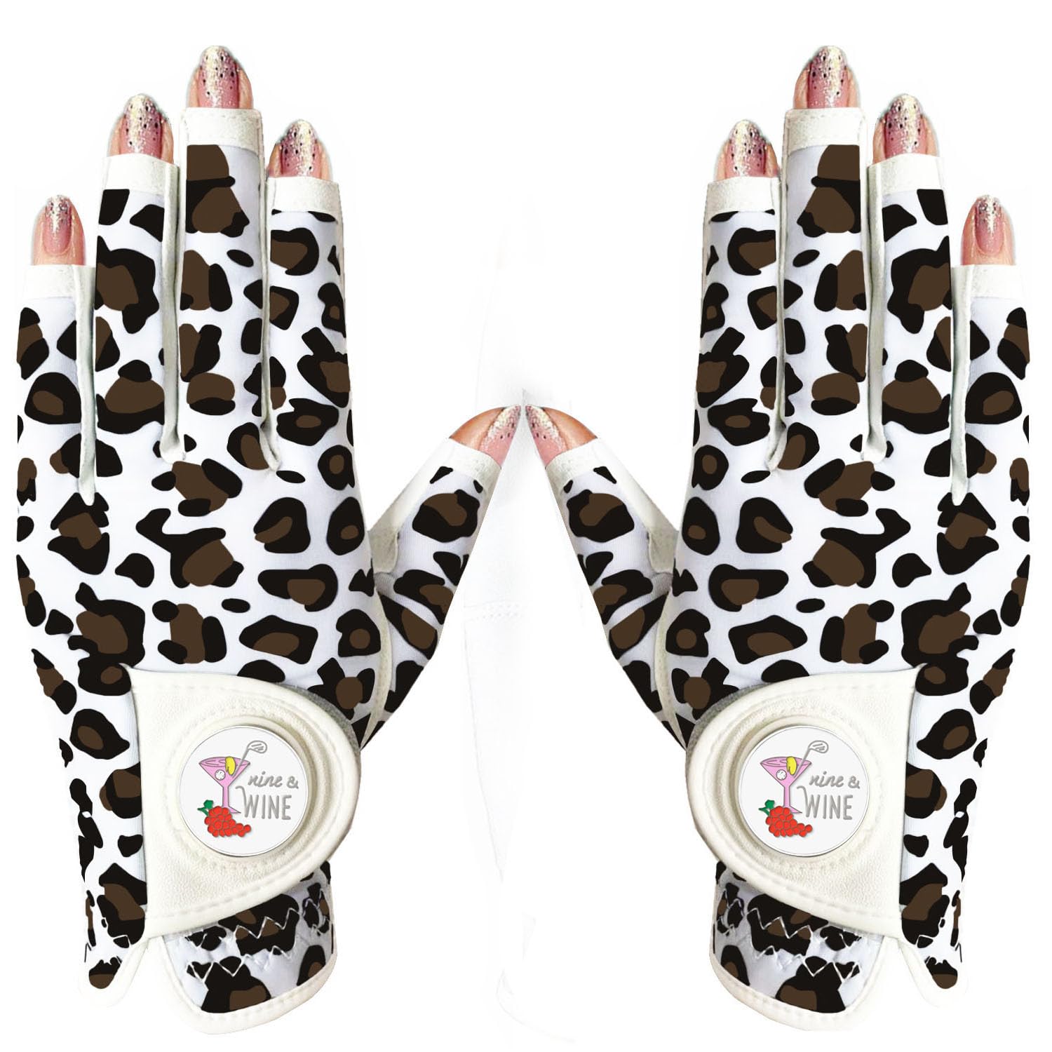 AMRTA Golf Gloves Women Half Finger Left Hand Leather with Ball Marker 1 Pack, Colored Glove for Ladies Right Handed Golfer All Weather Grip (Leopard Print, M)