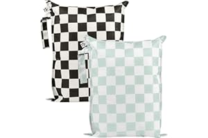 Tiny Twinkle Mess Proof Wet Bags | 2-Pack Reusable Waterproof Wet Bags for Swimsuits | Baby Clothes | Travel & Diaper Bag (Black, Green Checkers)