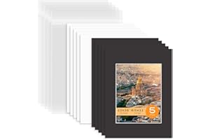 Mat Board Center, Pack of 5 Bevel Cut 12x16 Black Mat for 8.5x11 Photo with White Core Matte Set, Includes 5 Acid Free Mats, 