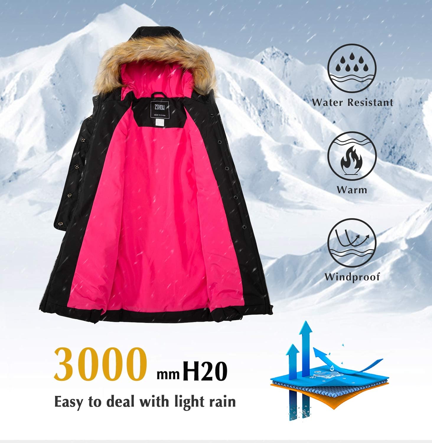 ZSHOW Girls' Long Winter Coat Parka Water Resistant Warm Puffer Jacket: Clothing
