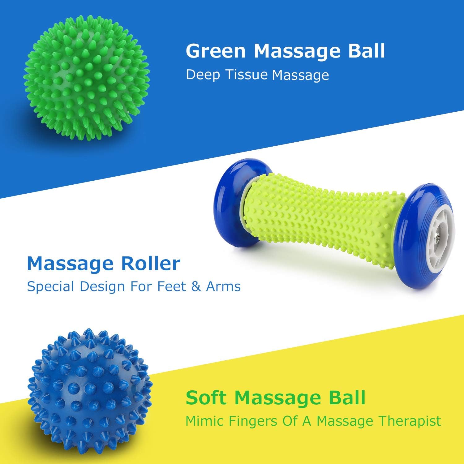 Plantar Fasciitis Roller Foot Massage Ball-Foot Massager Ball Set, 1 Foot Roller and 2 Spiky Massage Balls Deep Tissue, for All Over Body Trigger Point Therapy/Muscle Recovery/Stress Relief: Health & Personal Care
