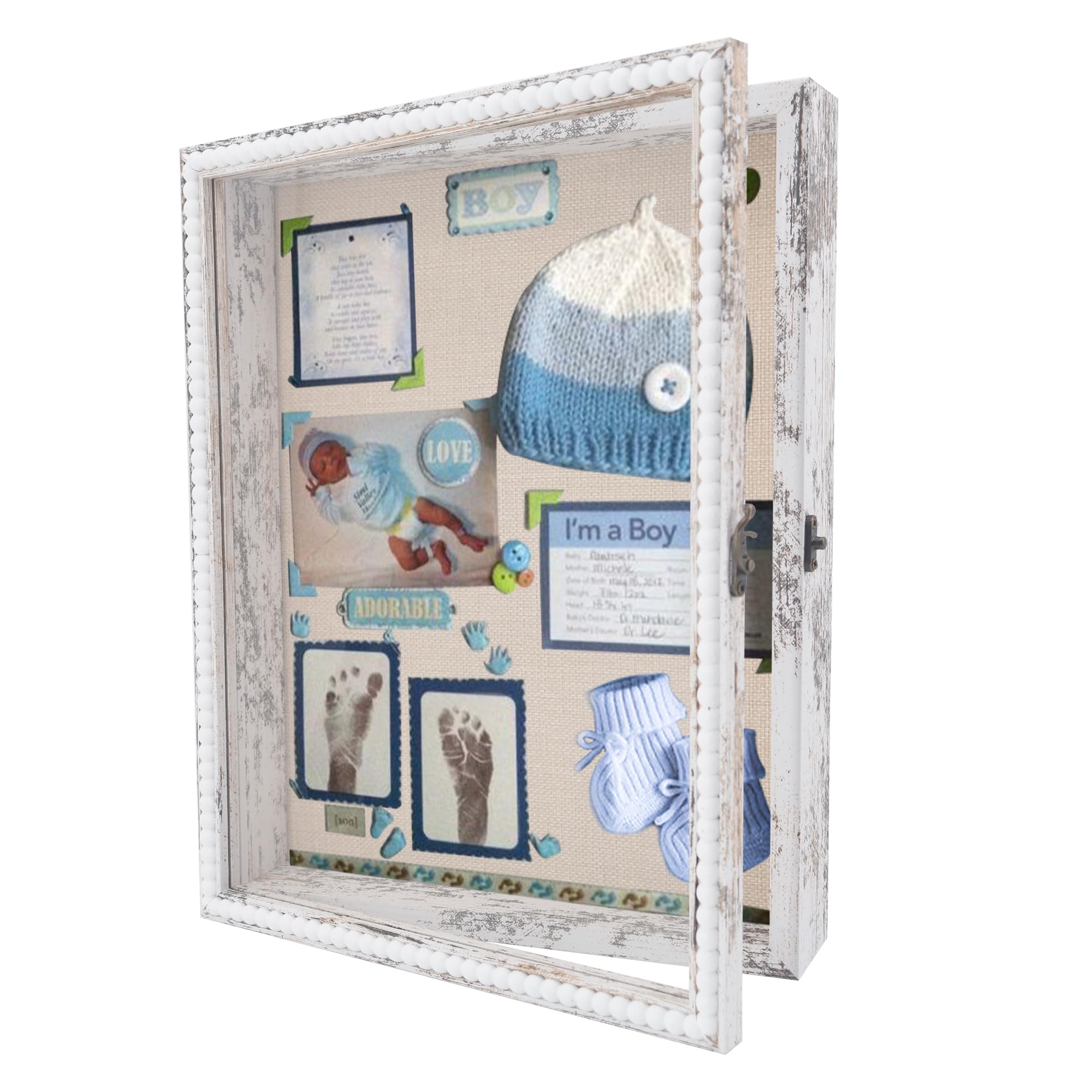FramePro 11x14 Deep Shadow Box Frame with Hinge Beaded Memory Display Case with Linen Back, Picture Frame Wedding Bouquet Memorabilia Medals Photos or Tabletop or Wall White