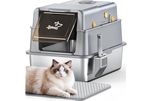 PALNESTS L7 Pro-Stainless Steel Litter Box with Lid, XXL Extra Large Enclosed Metal Cat Box for Kitty&Big Cats, Odor Control - Cat Litter Deodorizer, High Sided Enclosure with Scoop & Mat, Anti-Leakage-Grey