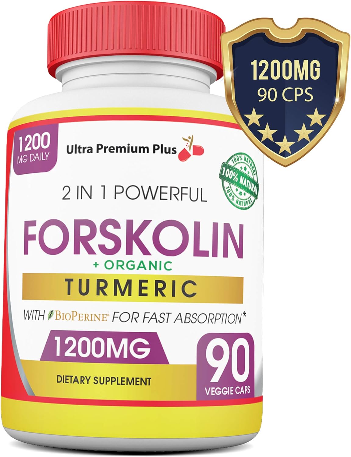 ORGANIC Forskolin Turmeric BioPerine 1200MG Pure 100% Maximum Strength Keto Diet Vegan Supplement Pills. Burn Fat The Healthy Way. Supports Hunger Craving, Extract Standardized At 20%, For Men & Women