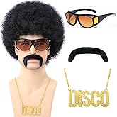 Bettecos 70s Afro Wig for Men with Mustache Glasses and Disco Chain Short Black Curly Afro Wig 70’s 80s Rock Synthetic Hair for Hippie Rocker Costume Cosplay Halloween Party (Black)