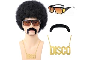 Bettecos 70s Afro Wig for Men with Mustache Glasses and Disco Chain Short Black Curly Afro Wig 70’s 80s Rock Synthetic Hair for Hippie Rocker Costume Cosplay Halloween Party (Black)