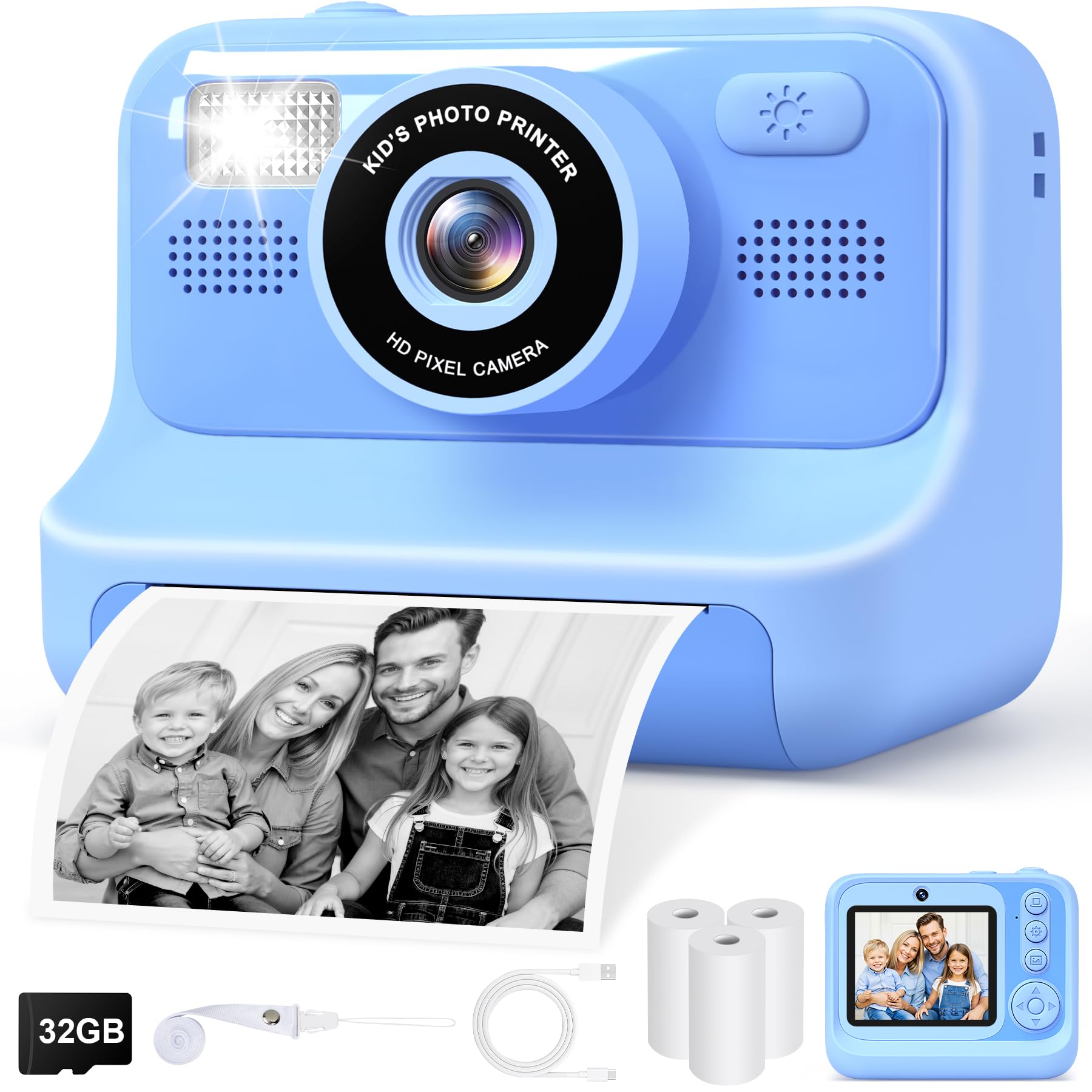 Gontence Kids Camera Instant Print - 2.4'' Selfie kids camera with 32GB Card | 3 Rolls Print Paper - 1080P Kids Digital Camera - Kids Toys Birthday Easter Gifts for Kids Girls Boys Aged 3-12(Blue)