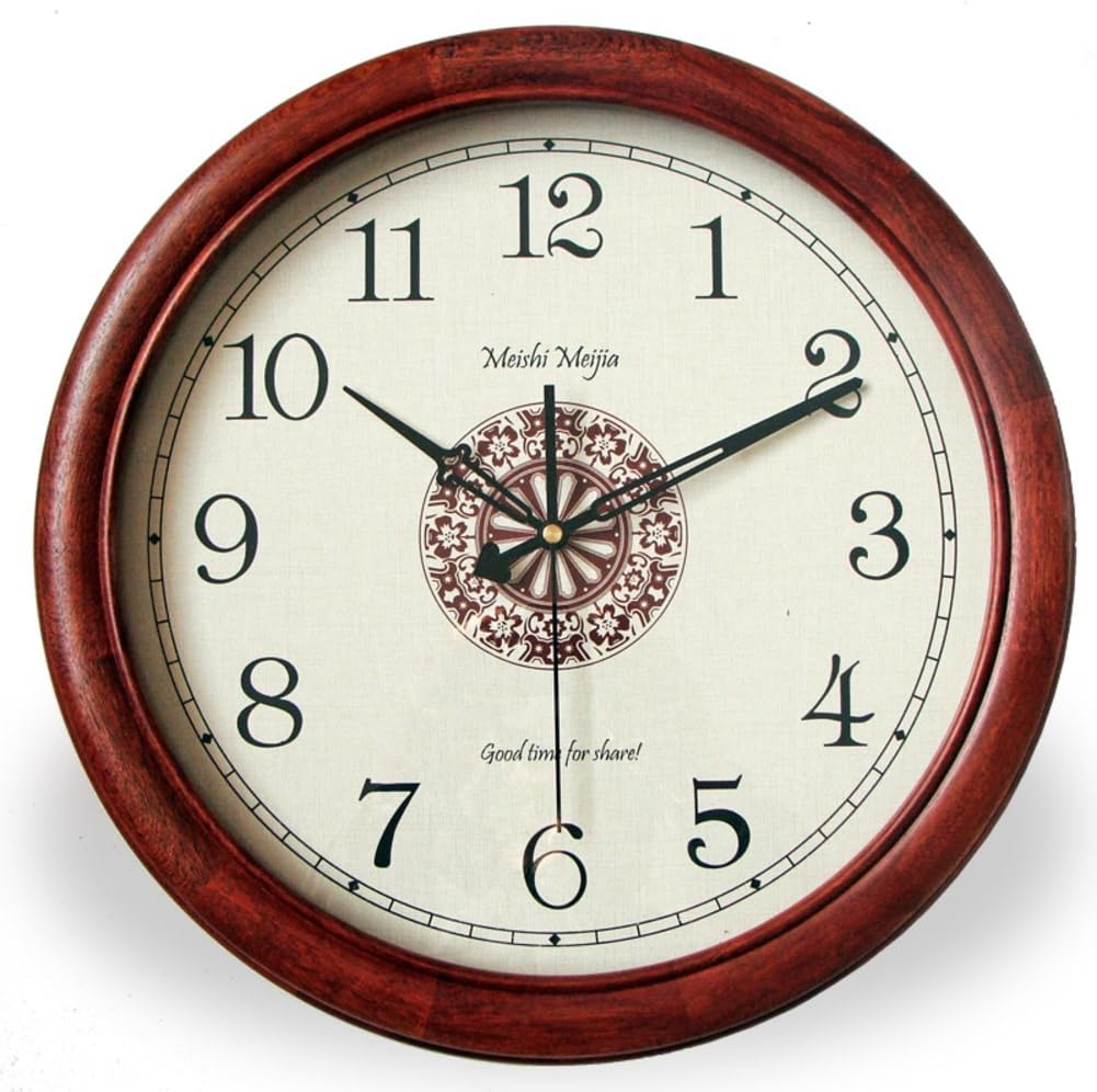 Mahogany simple round wall clock,Silent wall clocks European-style retro clock Sweep second movement-A diameter35.5cm(14inch)
