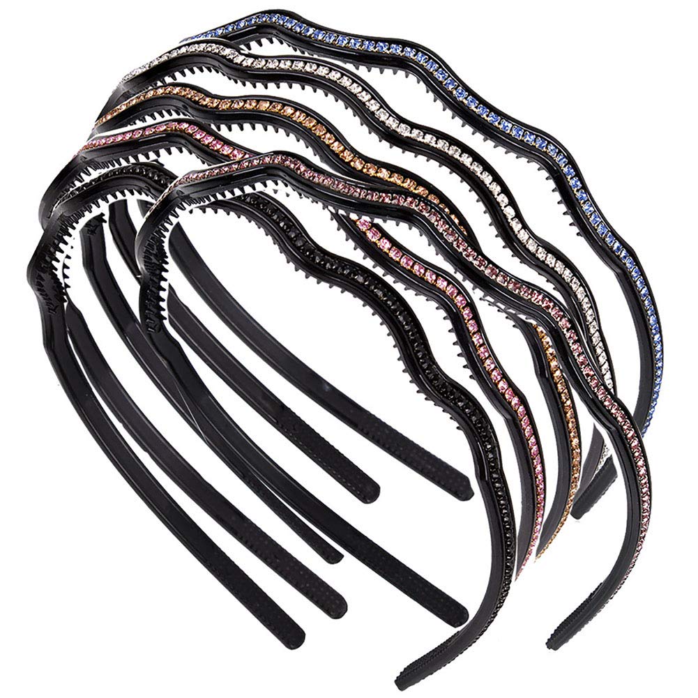 Fodattm 6PCS Women Rhinestone Hairband Crystal Headband Wavy Shape Non-slip Teeth Hair Hoop Headwear (Single row)