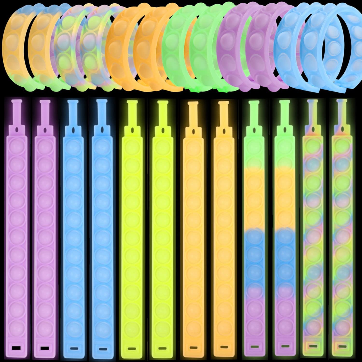 Steemjoey 24pcs Fluorescent Push Pop Bracelet Bubble Fidget Toys Poppet Bracelet, Push Pop Bubble Bracelet Novelty Gifts Best Party Fillers for Kids and Adults