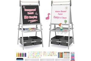 FUNLIO Anti-Warping Kids Art Easel, 3 Height Adjustable for Kids Aged 3-8, All-in-One Toddler Easel with Paper Roll & Erasable Frame, Standing Easel with Magnetic Chalkboard/Whiteboard (Gray)