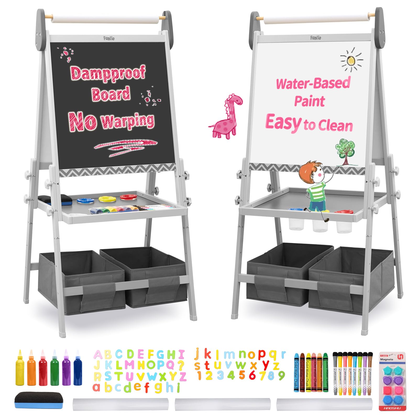 FUNLIO Art Easel for Kids Aged 3-8, Anti-Warp Board & Erasable Frame, Toddler Painting Easel with Magnetic Chalkboard/Whiteboard, 3 Height Adjustable, All-in-One Standing Easel with Paper Roll - Grey