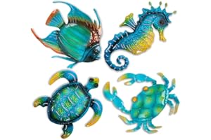 dreamskip Metal Beach Wall Decor Art, Ocean Themed Sea Turtle Fish Seahorse Crab Coastal Wall Sculpture, Nautical Outdoor Decor For Garden, Fence, Patio, Pool, Bathroom (4 Pcs)