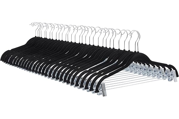 Amazon Basics Velvet, Non-Slip Closet Skirt Clothes Hangers with Clips, Pack of 24, Black/Silver