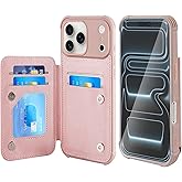 VANAVAGY Compatible for iPhone 17 Pro Wallet Case with RFID Blocking Card Holder, [Screen Protector] PU Leather Kickstand Card Slots Magnetic Clasp Shockproof Case for Women Men,Rosegold