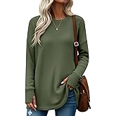 Velvelhall Women's Oversized Waffle Knit Tunic Tops, Long Sleeve Crew Neck Drop Shoulders Shirts with Thumb Hole Loose Blouse