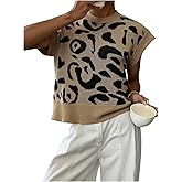 SOLY HUX Women's Short Sleeve Sweater 3D Floral Sweaters Pullover Tank Tops Knit Vest Trendy Fashion Clothing Brown Leopard Large