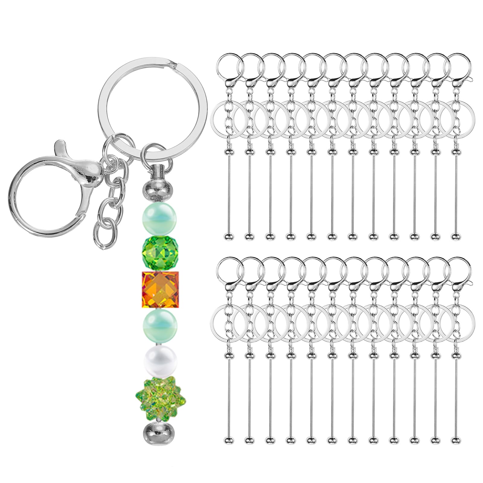 PATIKIL 24 Pcs Beadable Keychains Bars, Metal Beaded Keychain Blanks Bulk Making Supplies Kit with Lobster Hook for Pendant DIY Art Crafts, Silver Plating