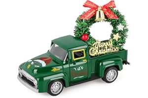 Atiloy Christmas Vintage Green Truck Decor with Car Wreath Green Truck Vintage Home Tiered Tray Decor for Christmas Tables Home Kitchen Mantel Shelf Bookshelf Coffee Mini Diecast Trucks Decorations