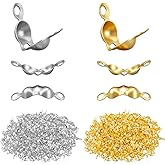 600 Pcs Metal Open Bead Tips Knot Covers, Crimp Covers, Crimping Beads End Caps, Bulk Clamshell Bead Tips for DIY Bracelet, Jewelry Making (Silver, Gold)