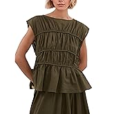 MISSACTIVER Women's Casual Tiered Shirred Tank Top Crew Neck Cap Sleeve Pleated Flared Hem Babydoll Tee Shirt Blouse Tops