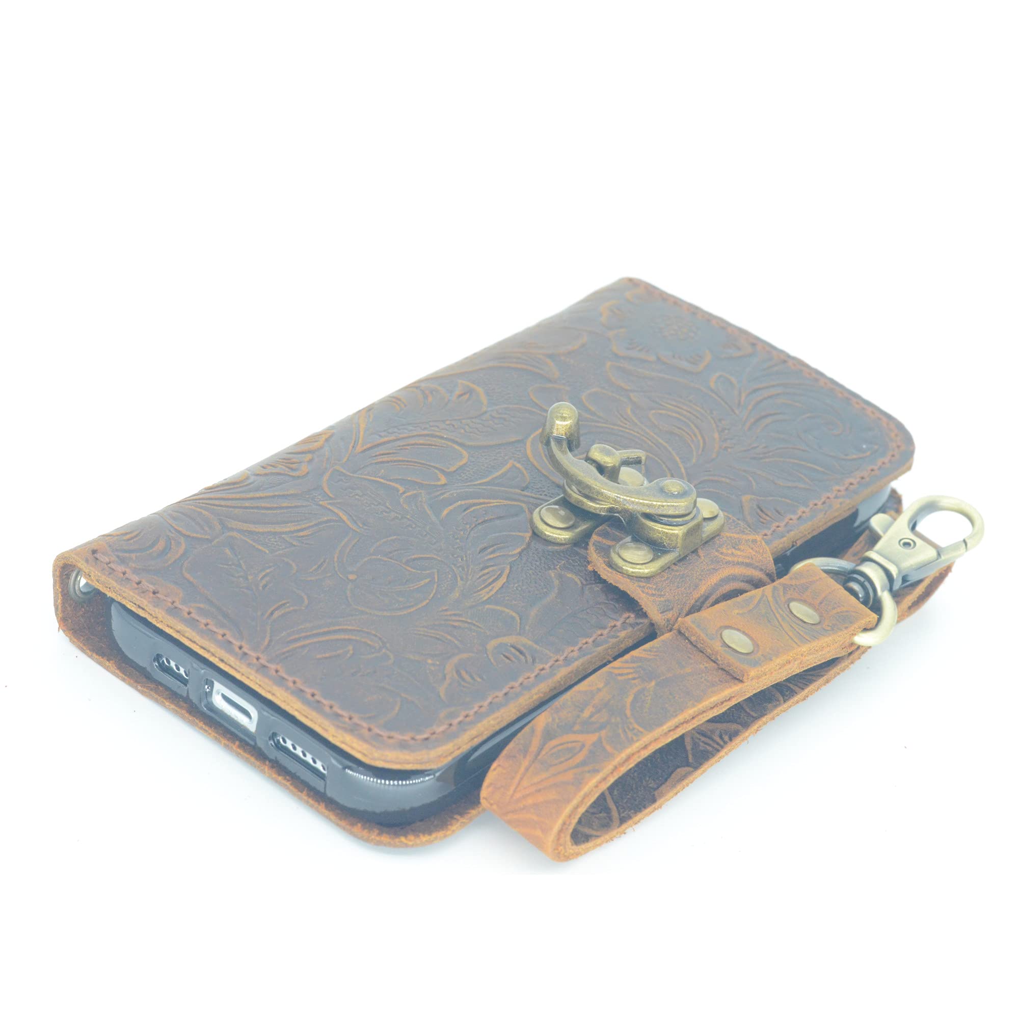 JJNUSA Compatible with iPhone 13 mini 5.4 inch 2021 Handmade Genuine Distressed Leather Wallet Case Flip Cover with Wristlet Brown