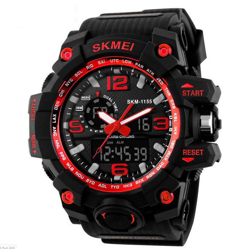 Oumosi - Orologio da polso da uomo, stile militare, con LED, digitale e analogico multifunzione, sportivo Red